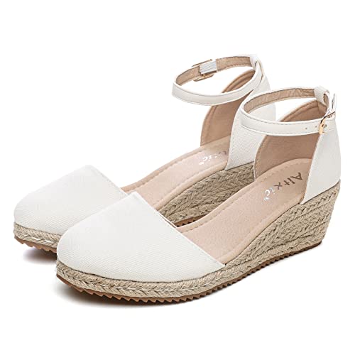 Image of Altxic Women's Closed Toe Canvas Ankle Strap Espadrilles Wedge Sandals