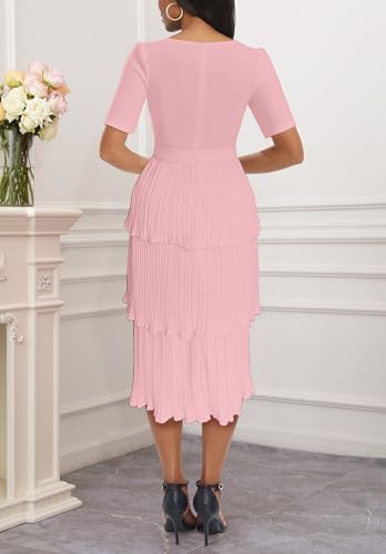 VERWIN Women's Round Neck Short Sleeves Mid Waist Tiered Pleated Pencil Bodycon Casual Cocktail Midi Dress3