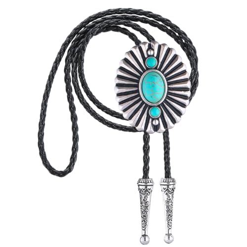 Image of Turquoise Bolo Tie for Men, Leather Braided Necktie Western Cowboy Bola Tie Costume Accessories for Men Women