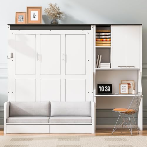 Merax Queen Size Wood Murphy Bed with Upholstered Sofa &