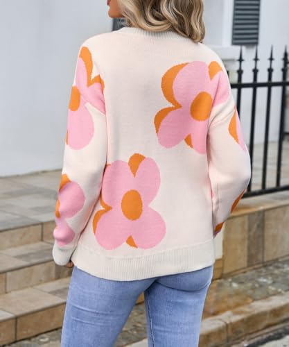 Image of Sumleno Womens Cute Color Block Flower Pattern Sweaters Crewneck Pullover Tops Kawaii Aesthetic Fall Winter Knitwear