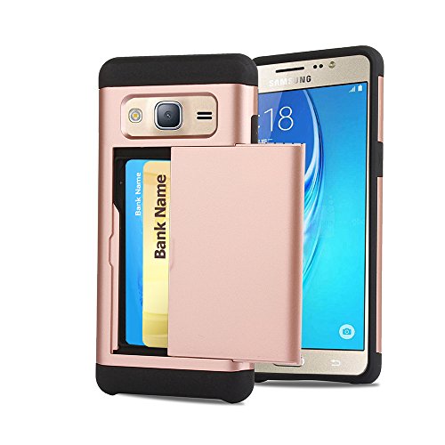 Galaxy J3 Case, CaseTop [Easy 2 Card Access] Sliding Back Door Card Holder Wallet Case - Hybrid TPU PC Cover - For Samsung Galaxy J3 / Express Prime / Amp Prime, Rose Gold