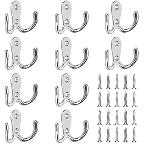 Coat Hooks, 10 Pcs Wall Hooks Double Clothes Hooks with 20 Pcs Screws ,Utility Towel Hooks for Kitchen Bathroom Toilet(Silver) Cover