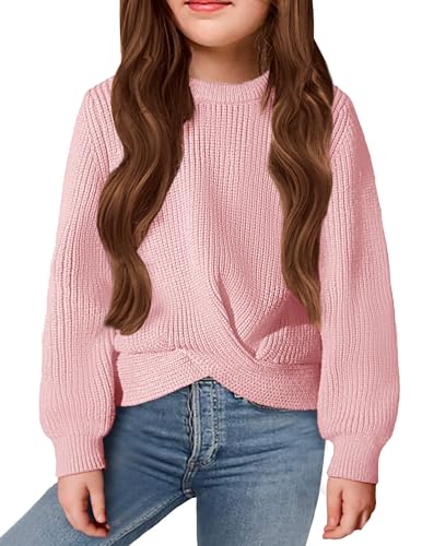 Arshiner Mädchen Pullover Mode Kinder Strickpullover Warm Rundhals Herbst Winter Freizeit Langarm Oberteile für Mädchen 10-11 Jahre Hellrosa