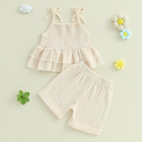 Image of Thorn Tree Toddler Girl Clothes Summer Ruffle Hem Sleeveless Stretchy Top Casual Shorts Cotton Line Outfits