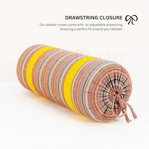 Image of AURAVE Woven Cotton 144 TC Printed Bolster Cover with Drawstring Closure, Set of 2, Soft Breathable Durable Machine Washable for Sofa Bed & Home Decor, 15 inchx30 inch, Mustard | Cover Only