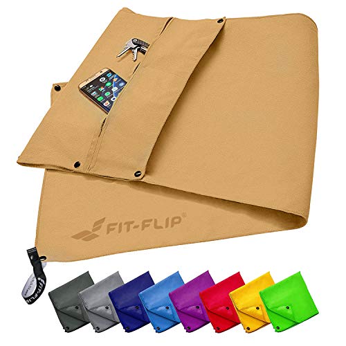 Fitness Handtuch rutschfest - mit Magnet, Reißverschluss Tasche und extra Sporthandtuch - Gym Handtuch aus Mikrofaser - Kompakt & Schnelltrocknend - Sporthandtuch Fitnessstudio - Sand - 125x48cm