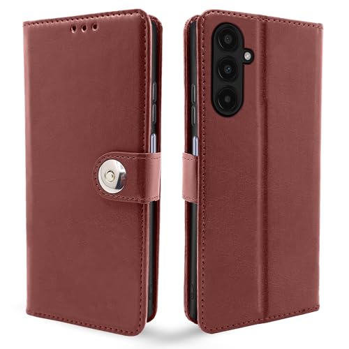 Image of Pikkme Samsung Galaxy A25 5G Flip Cover Leather Finish | Inside TPU with Card Pockets | Wallet Stand and Shock Proof | Magnetic Closing | Complete Protection Button Flip Case (Brown)