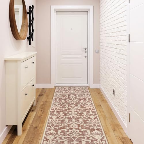 Morebes Vintage Kitchen Runner Rugs Non Skid Washable,Long Hallway Runner Rug 8 Ft,Non-Slip Bath Mat Distressed Floral Indoor Floor Carpet Runner For Entryway Laundry Foyer,Pinkish-Rust thumb #5