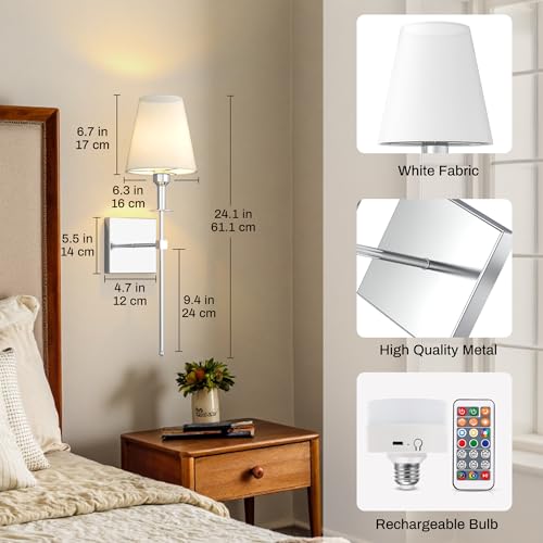 Image of DORESshop Battery Operated Wall Sconce Set of 2, Chrome Rechargeable Wall Lights, Sconce Wall Decor Set of 2, 7 Colors Mode Wireless Sconces for Bedroom Living Room Hallway