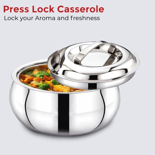 Image of AVIAS Onyx Press Type Stainless Steel 2000ml Casserole | Double Walled PUF Insulated Roti & Chapati Hot Box for Kitchen | Hot case for Rice & Gravy |2L