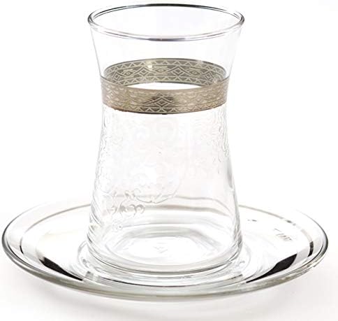 Top Quality Trim Desgin Platinum Plated Turkish Arabic Tea Glasses with Saucers Set of 6 - FAVORI