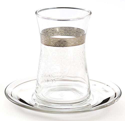 Top Quality Trim Desgin Platinum Plated Turkish Arabic Tea Glasses with Saucers Set of 6 - FAVORI