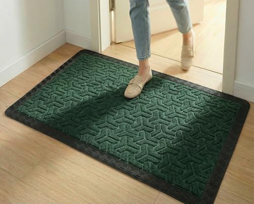 Image of Yellow Weaves Large Size (60x90 cm) Door Mat for Home Entrance, Outdoor Rubber Mat - Non-Slip, Anti Skid Foot Mat, Dirt Trapper, Heavy-Duty, Waterproof Doormat (Triangle Design, Green Color)