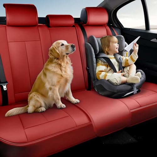 Image of Coverado Rear Seat Covers, Faux Leather Car Seat Cover Back Seat, Dog Back Seat Cover, Red Backseat Car Covers, 3-Pieces Waterproof Seat Covers, Universal Car Seat Protector Fit Most Cars
