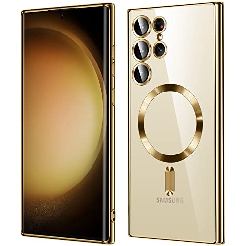 For Samsung Galaxy S23 Ultra Case（only）, Covers for s23u .Magnetic Metallic Glossy Slim Clear Luxury Soft Shockproof funda capa para for Galaxy S23 Ultra 6.8 inch.Compatible with MagSafe (Gold)
