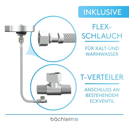 Bächlein Glasreiniger Glasspüler aus Edelstahl - Gläserdusche inklusive T-Verteiler und Flexschlauch - Automatischer Spüler für die Küche, geeignet für Gläser und Flaschen
