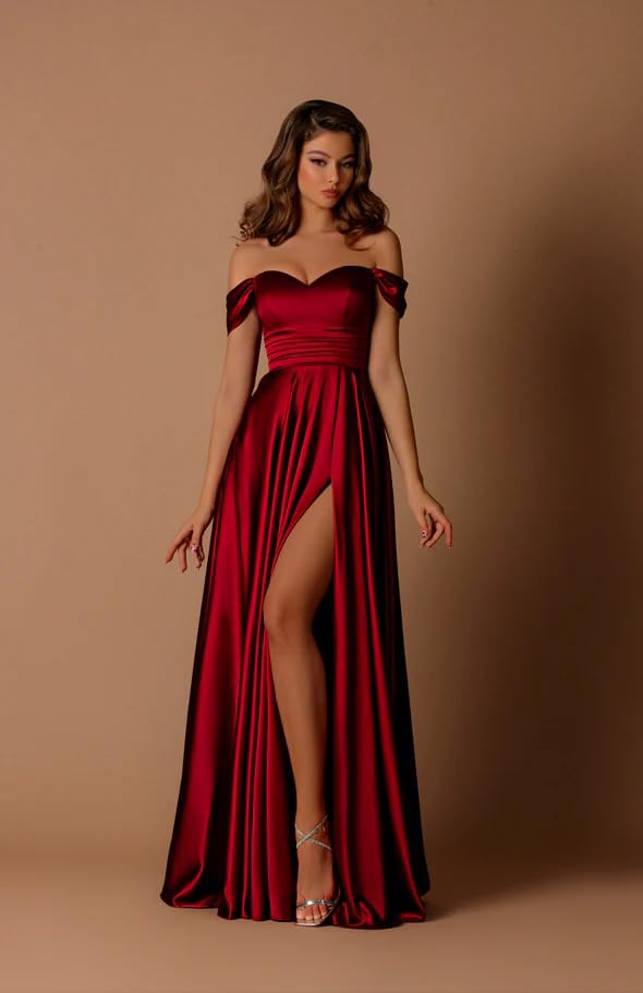 Off The Shoulder Satin Bridesmaid Dresses for Women A-line Long Prom Dress with Slit Ruched Evening Party Gown4