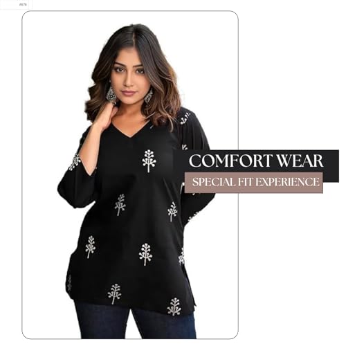 Image of Women's Regular Fit Printed Tunic Top with 3 /4 Sleeves and V Nack Long Length | Short Kurta for Women