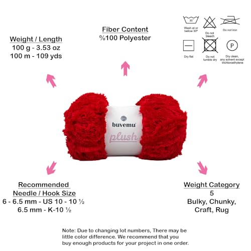 Image of Plush Faux Fur Bulky Yarn, Super Soft Fluffy Fuzzy for Knitting Crocheting Crafting, 100 Gram (3.53 Ounces) 109 Yards (100 Meters) (Red) (3 Skeins)