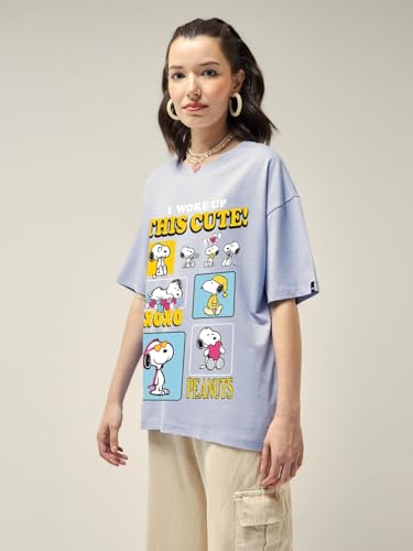 Image of Bewakoof X Peanuts Women's 100% Cotton AOP Oversized Fit Half Sleeve Round Neck T-Shirt | Casual wear | Streetwear | Oversized Tshirt for Woman Cotton| Baggy