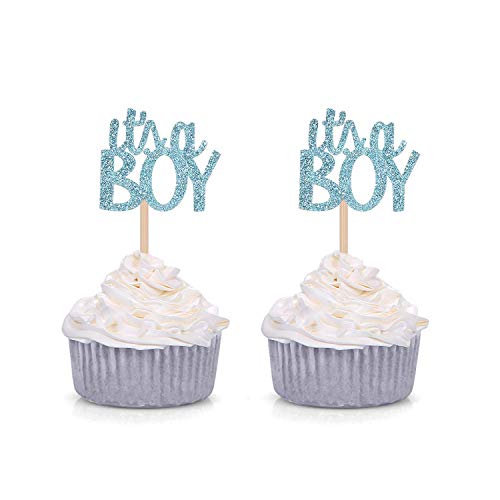 Blue Glitter It's a Boy Cupcake Toppers Gender Reveal Party Baby Shower Decorations Picks - Set of 24
