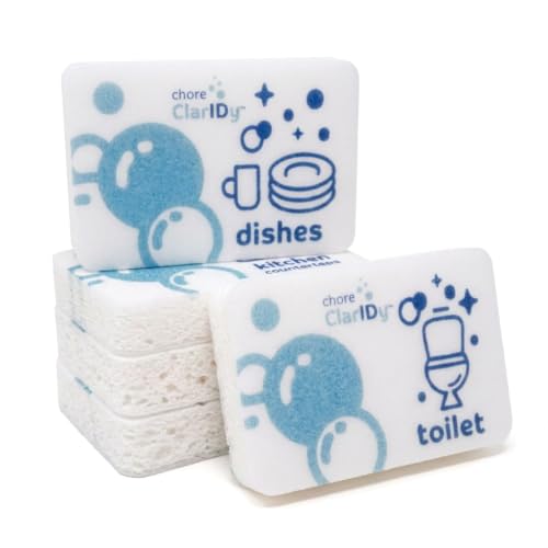 Chore ClarIDy 4-Pack Labeled Individually Wrapped Sponges Cellulose sponges Kitchen sponges Non Scratch Bathroom Sponges for Cleaning No Scratch Sponges Dishwashing Sponges Household Cleaning Sponges