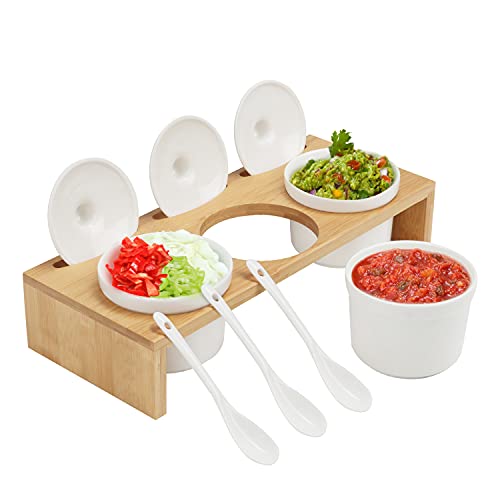 BELLE VOUS Cuencos Aperitivo de Cerámica para Condimentos con Tapa y Cuchara - Bandeja Aperitivo de Bambú con 3 Contenedores Pequeños Cocina para Salsa, Especias, Hierbas, Refrigerios, Sal, Pimienta