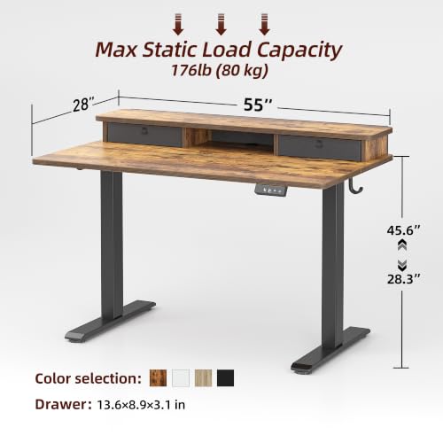 Image of TIQLAB 55 * 28 inch Standing Desk with Two Drawers&Top Shelf, Rustic Brown | Smooth Height Adjustment, 2 Memory Presets, One-Touch Control, Stable Steel Frame, 176 lbs Capacity, Easy Assembly