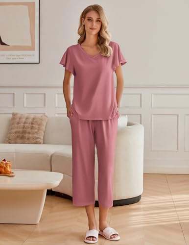 Image of Ekouaer Womens Cotton Pajamas Sets Short Sleeve Capri Pants with Pockets
