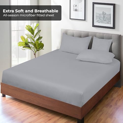 Image of Royale Linens Fitted Sheet Queen - Ultra Soft 1800 Brushed Microfiber - Hotel Luxury Bottom Sheets - Wrinkle Free & Fade Resistant - Deep Pocket Fitted Sheet Only (Queen, Silver)