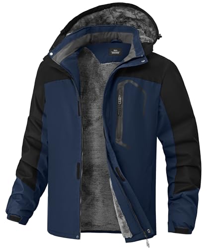 Image of Mens Winter Jackets Waterproof Warm Fleece Ski Jacket with Hood Thermal Windproof Coat Zip Pockets