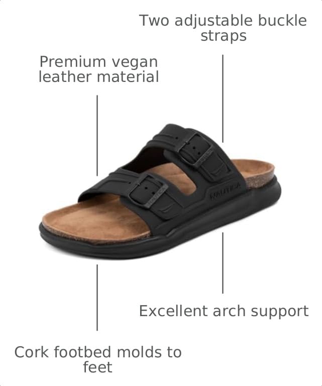 Image of Nautica Men's Sandals - Casual Slides with 2 Adjustable Buckle Straps and Cork Footbed for Ultimate Comfort and Style (Regular /Wide Width, Big Size)