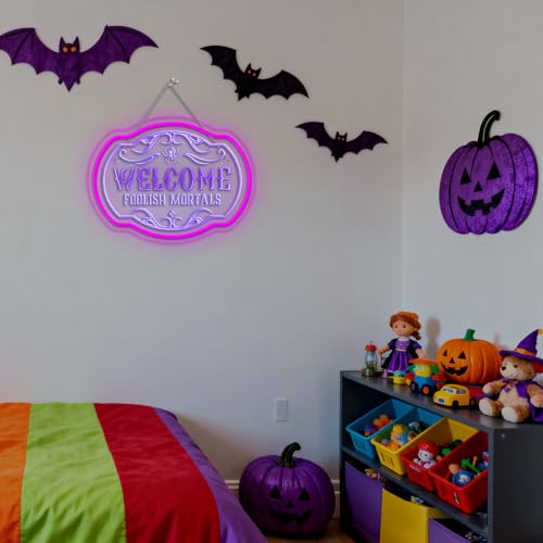 Image of Welcome Foolish Mortals Neon Sign Halloween LED Light Up Sign for Halloween | Haunted mansion style wall decor, spooky neon light for halloween parties, horror bars, theme rooms, adjustable brightness
