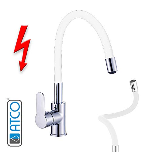 Preisvergleich Produktbild Niederdruck Spültischarmatur FLAMINGO Küchenarmatur Einhandmischer Wasserhahn Armatur Küche flexibler Auslauf chrom-weiss