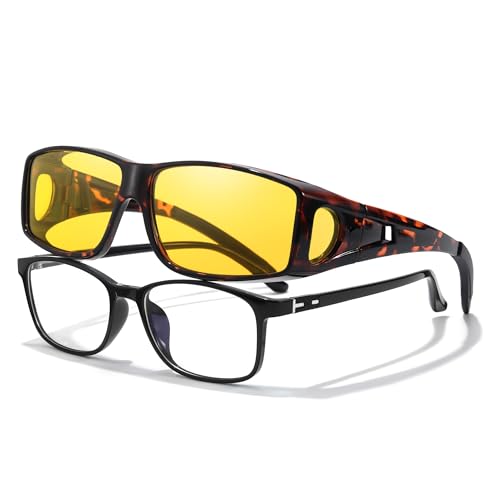LVIOE Wrap Around Night-Vision Glasses, Fit Over Prescription Glasses with Polarized Yellow Lens Night-Driving Glasses