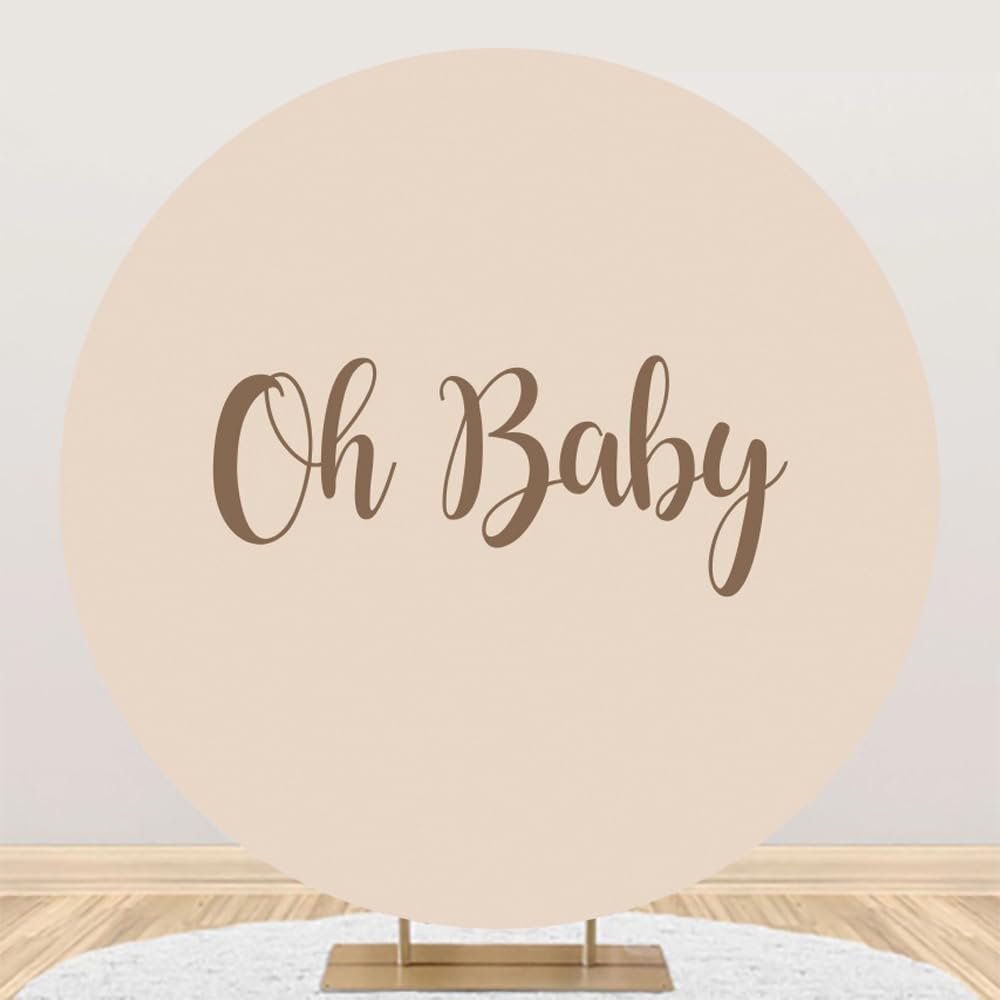 Laeacco Oh Baby Round Backdrop Cover 7.2x7.2FT Solid Beige Baby Shower Circle Background Pure Beige Color Newborn Baby Shower Party Banner Cake Smash