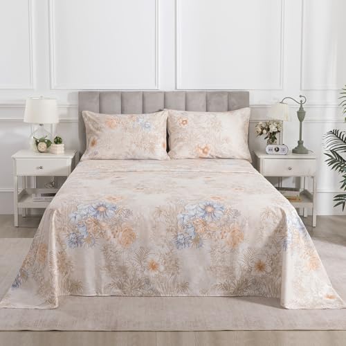 Image of Deep Pocket Percale Sheets Queen Size Beige Vintage Floral, 4Pcs | 100% Cotton Soft Crisp Farmhouse Sheet Set, Shabby Chic Flower Patterned Bed Sheets, Aesthetic Toile Bedding, Botanical Print