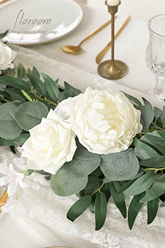 Floroom 6Ft Artificial Eucalyptus Garland With Flowers Fake Roses Greenery Faux Floral Vine Garland For Table Runner Decor Wedding Centerpieces Bridal Shower Party Decorations, Ivory White #TOP4