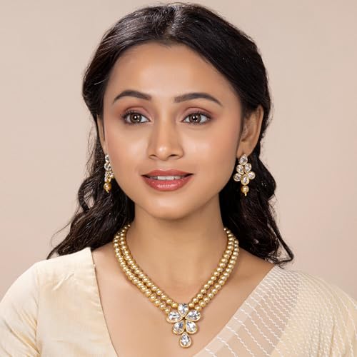 Image of Peora Crystal Faux Pearl Kundan Necklace & Jewellery Set Gift for Women