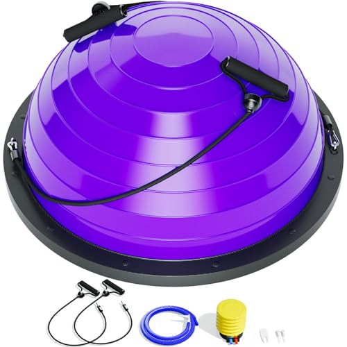 Image of Half Balance Ball Trainer - 23 Inch Half Exercise Ball for Workout, Physical Therapy, Yoga, Home Gym, Core Strength, Stability, Fitness, Balance Training Equipment with Resistance Bands, Foot Pump