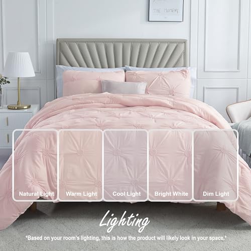 Image of Swift Home King Baby Pink Rose Blush Comforter Set - Ruched 3D Floral Pintuck Bedding Set - 3 Pieces Bed Linen, 1 Comforter and 2 Pillow Shams