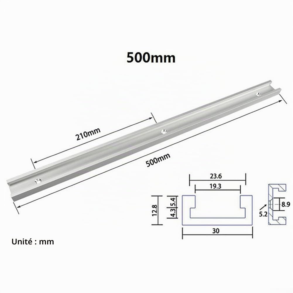 SPORTARC Goulotte de guidage pour le travail du bois 500 mm avec vis autotaraudeuses, rails en T en alliage d'aluminium avec glissière et poignée pour outil de travail du bois