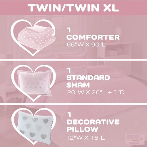 Image of Intelligent Design Twin Comforter Set, 3 Piece Metallic Hearts Cozy Bedroom Set for Girls, Twin Bed Set Soft & Plush Comforter, All Season Fluffy Bedding Set, Rosalie, Twin /Twin XL, Pink Silver