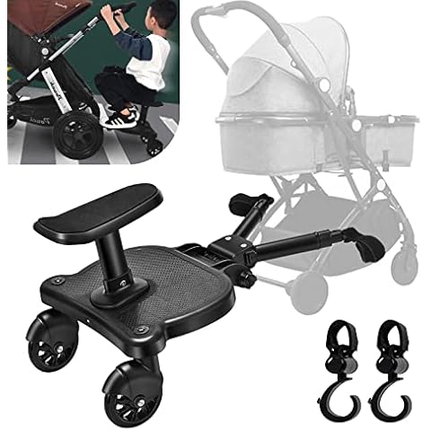 Vihir Universal Buggy Board with Seat, Kiddy Board, Pram Accessory for Children from 2-6 Years (25 kg), Compatible with Almost Every Stroller and Pram, Black, with 2 pram Hooks Cover