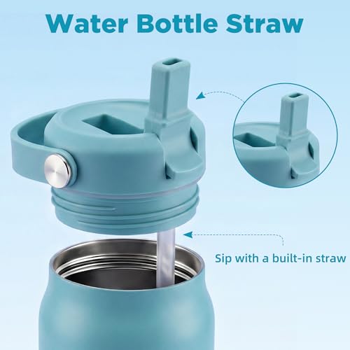 Image of 32 oz Insulated Water Bottle with Straw, Leakproof Stainless Steel Bottle with Handle, Non-Slip Silicone Sleeve, Internal Markings, Dishwasher Safe for Travel, Gym, Sports, Mint Blue