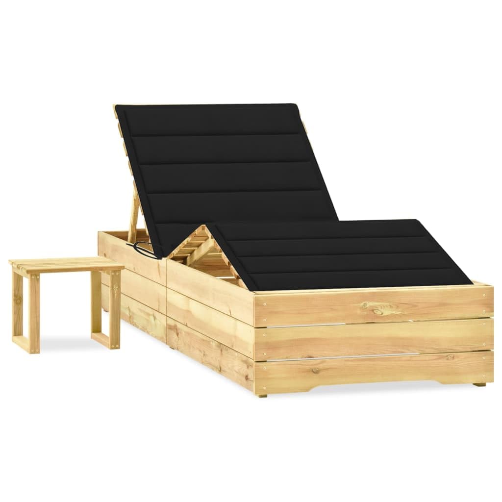 Leżak ogrodowy z impregnowanego drewna sosnowego z regulowanym oparciem, podnóżkiem, stołem i czarną nakładką, 198 x 90 cm, na taras, balkon, basen i wellness na świeżym powietrzu