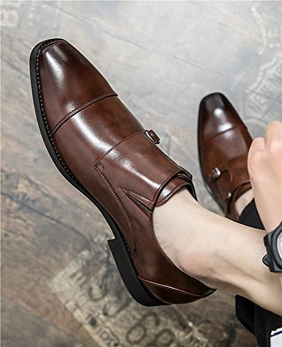 Oxford Shoes for Men Slip On Double Monk Strap Burnished Toe Faux Leather Rubber Sole Anti-Slip Block Heel Resistant Non Slip Casual(Brown,10 M US)2