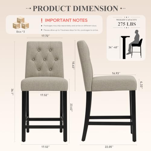 Image of MALOL Bar Stools Set of 6, Fabric Counter Height Bar Stools,Camel