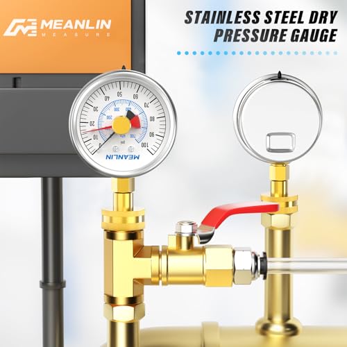Image of MEANLIN MEASURE Stainless Steel 0~100Psi 3 /4 inch Female Water Pressure Test Gauge, 2.5 inch FACE DIAL with Red Indicator Hands, Dry Hydraulic Tester Suitable for Gardens, Water Pipes